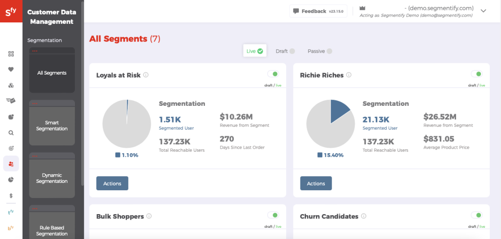 Segmentify dashboard screenshot for Customer Data Management.