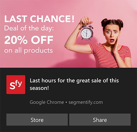 Pop-up notification from an online store. The text reads, “LAST CHANCE! Deal of the day: 20% OFF on all products. A woman on the right with a surprised and nervous face is holding an old-fashioned alarm clock.