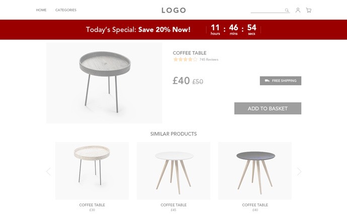 A product detail page (PDP) from an eCommerce website. A notification bar at the top of the page has a countdown. The message reads, “Today’s Special: Save 20% Now!”