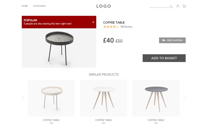 A product detail page (PDP) from an eCommerce website. The item has a social proof pop-up that says, “POPULAR. 5 people are also viewing this item right now!”.