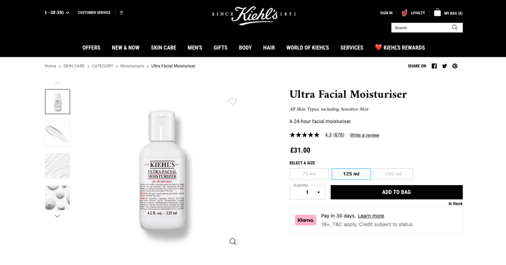 Kiehl’s product detail page. Ultra Facial Moisturiser has 3 different size options.