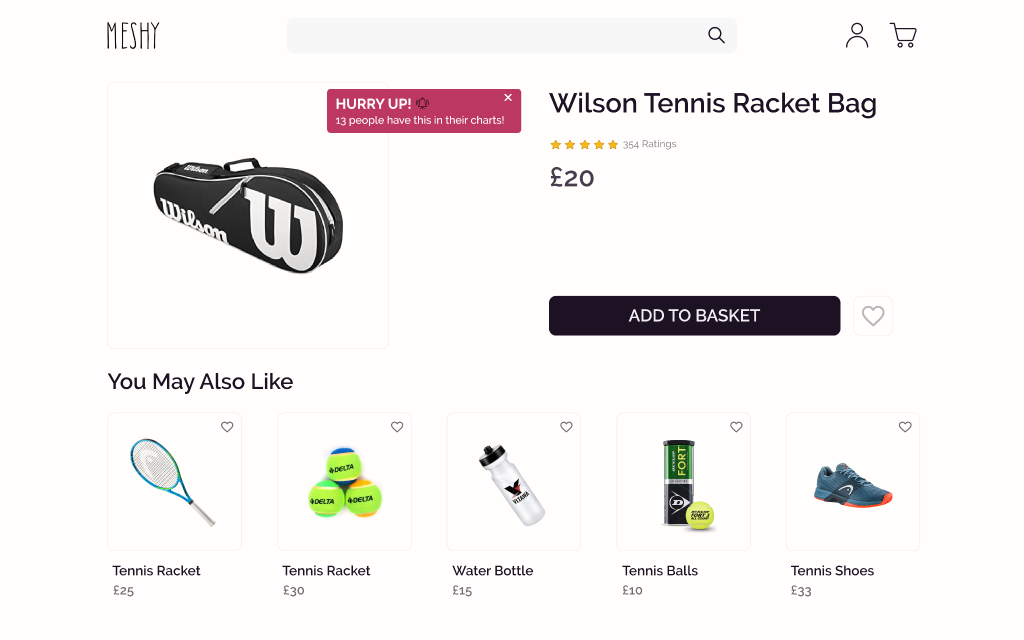 PDP of a tennis racket bag. On the right upper side of the product’s picture is a Social Proof badge that says “Hurry Up! 13 people have this in their cart!”
