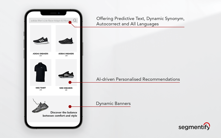 Segmentify search area: Offering predictive text, dynamic synonyms, autocorrect and all languages; AI-driven personalised recommendations; dynamic banners.