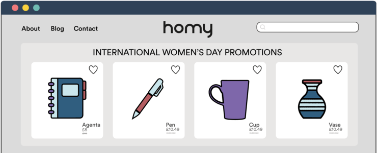 eCommerce website landing page with product recommendations for International Women’s Day