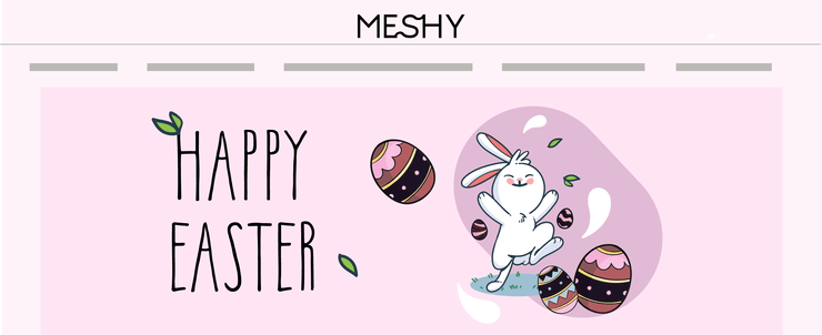 “Happy Easter” website banner with an illustration of a bunny and Easter eggs