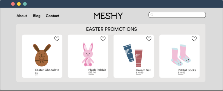Illustration of an eCommerce website landing page with product recommendations for Easter campaigns