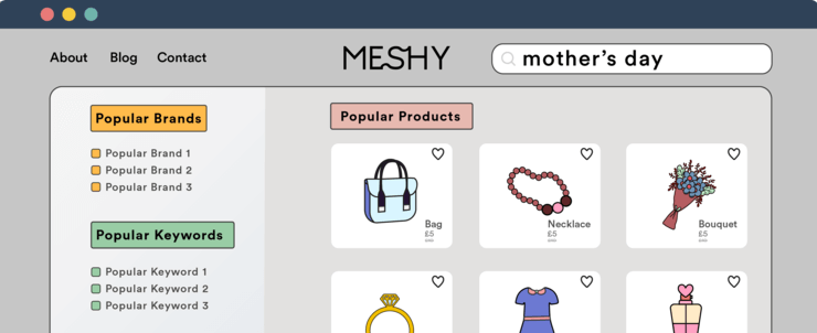 Illustration of Segmentify Search Box showing Mother’s Day-related popular products