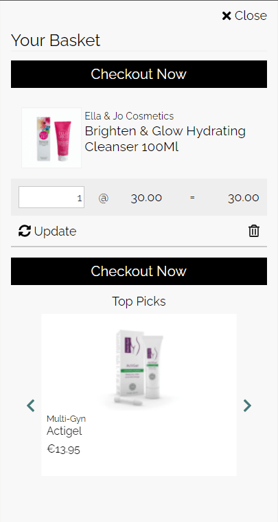 Basket page recommendation widget suggesting a related product to the one already in the cart.