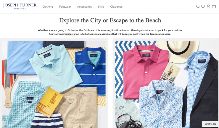 Headline says, “Explore the City or Escape to the Beach”. Pictures on the left and right show different types of summer clothing for men.