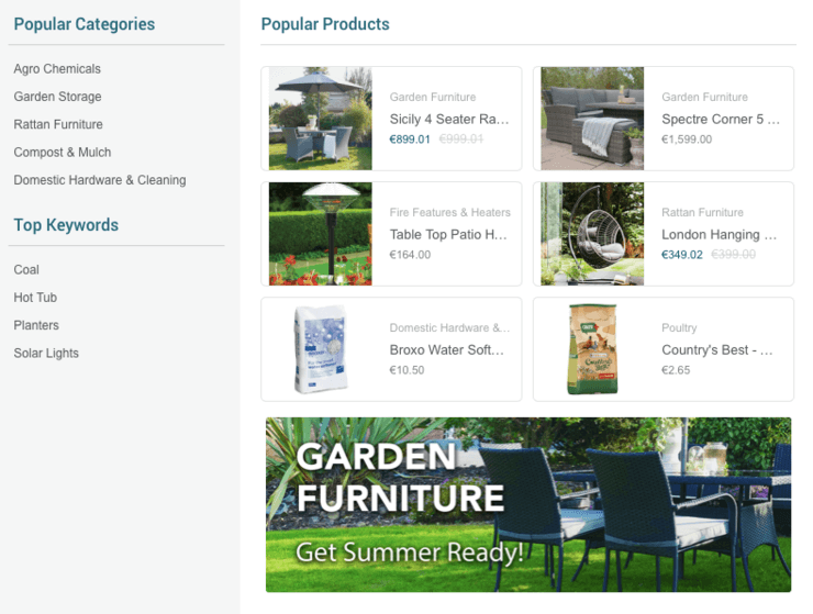 CountryLife search box with a static banner that says, “Garden Furniture: Get Summer Ready!”