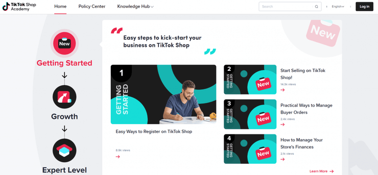 Website screenshot from the TikTok Shop Academy. The page has instructive and educational videos showing how to start a business on TikTok Shop.