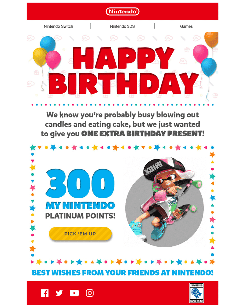 Birthday email example from Nintendo.