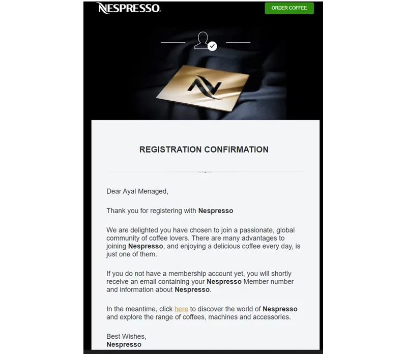Welcome email example from Nespresso.