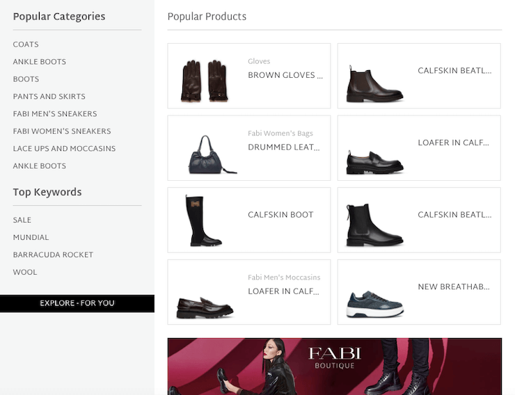 An online fashion store’s search box is shown. On the left popular categories and top keywords are listed. On the right, popular products are shown with pictures. A static banner shows some other products from the store at the bottom.