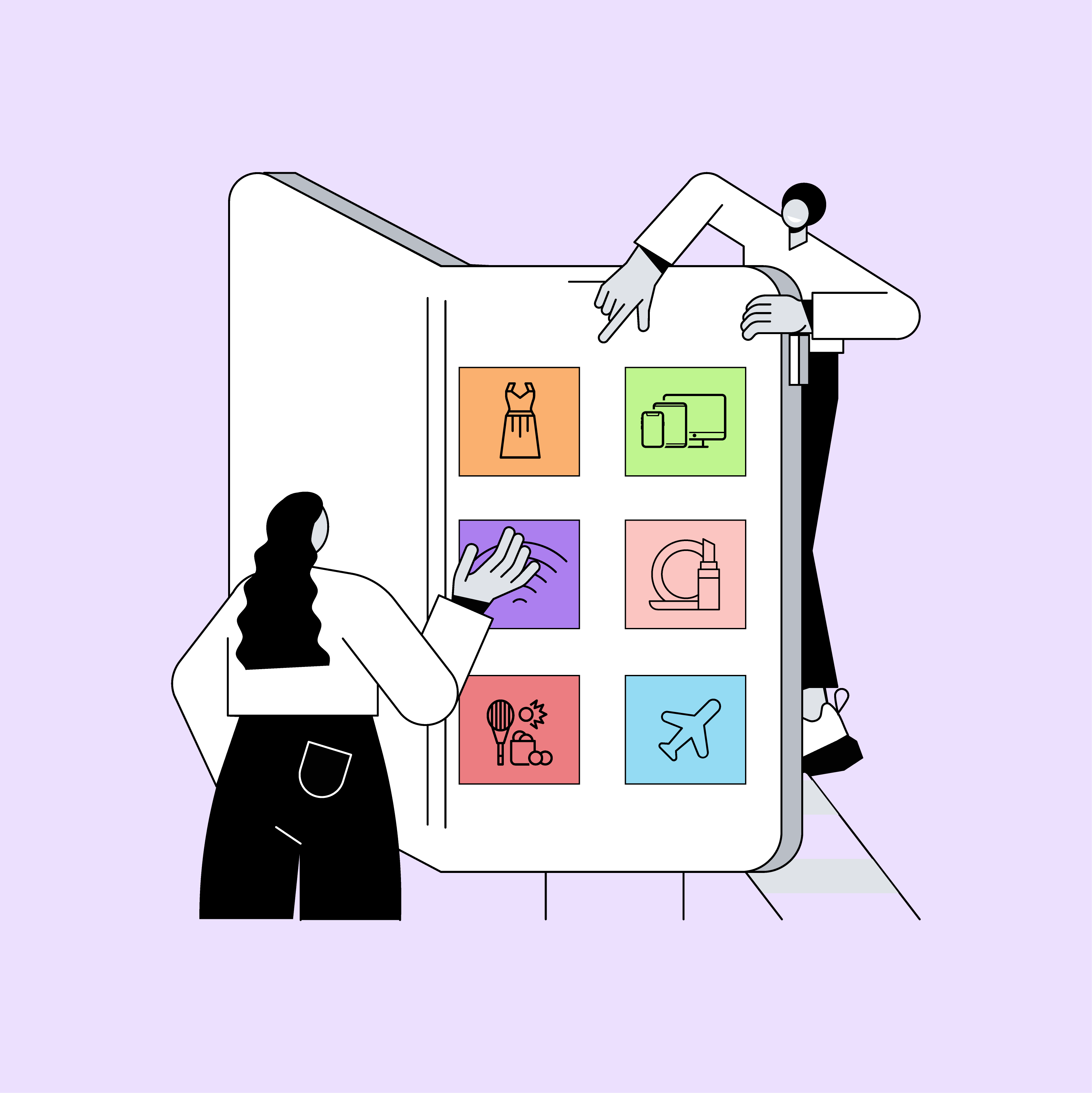 Illustration of woman looking at the industry options in the questionnaire.