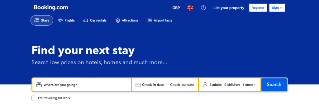 Booking.com’s homepage where on-site search is the primary content and the first thing you see when you land on the homepage.