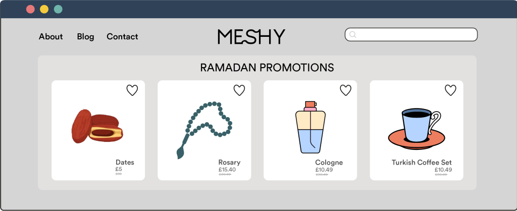 Illustration of an eCommerce website landing page with product recommendations for Ramadan campaigns