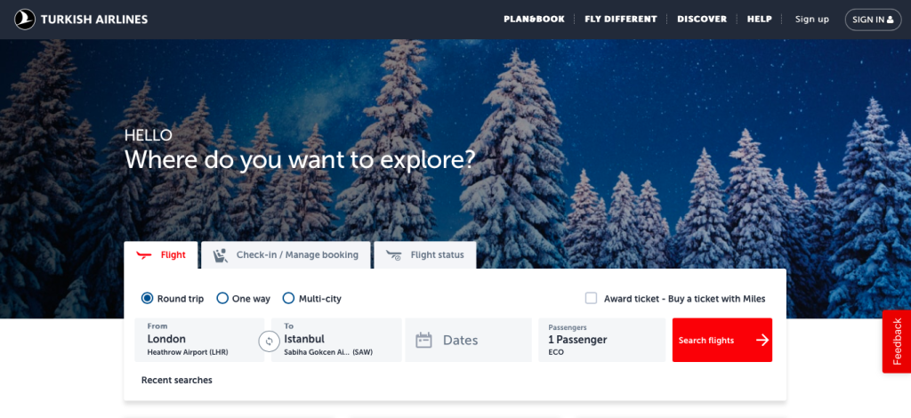 Turkish Airlines’ homepage, where the main content is the search box. 