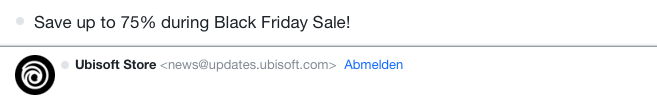Promotional marketing email from Ubisoft Store. The email subject line is “Save up to 75% during Black Friday Sale!”.