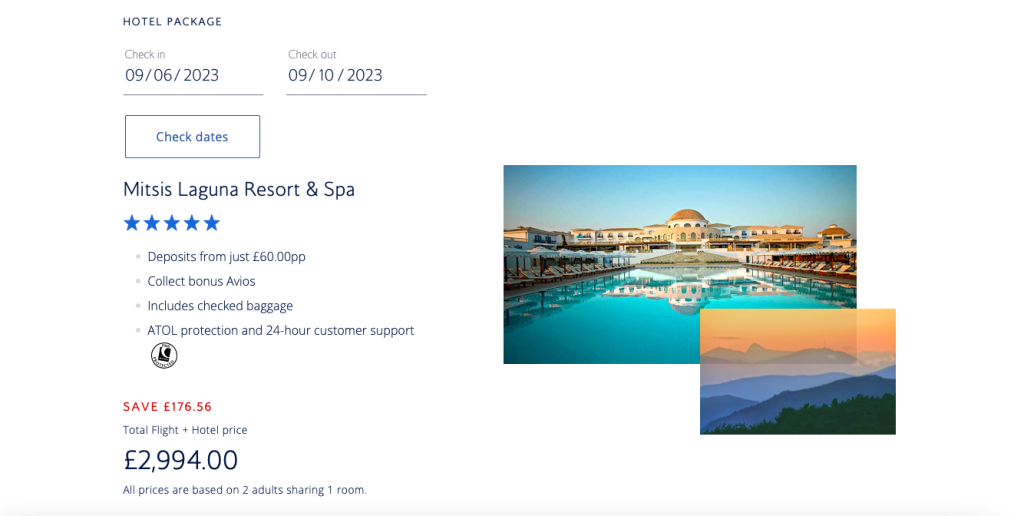 British Airways offers a “Hotel Package” for your tickets’ destination. The page lists the hotel name, pictures, package features, how much it costs combined with the tickets, and how much you will save if you make your reservations this way.