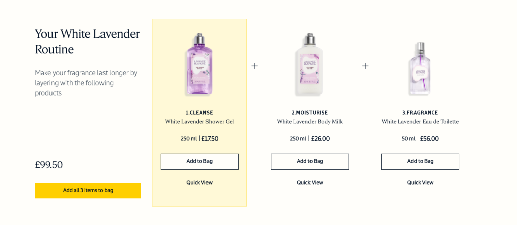 Make your fragrance last longer by layering the following products: Your white lavender routine. A shower gel, body milk, and EDT perfume are in the routine. Each item’s price is written separately; the customer can add whichever item they choose. The package price is also listed with the “Add all 3 items to bag” option.