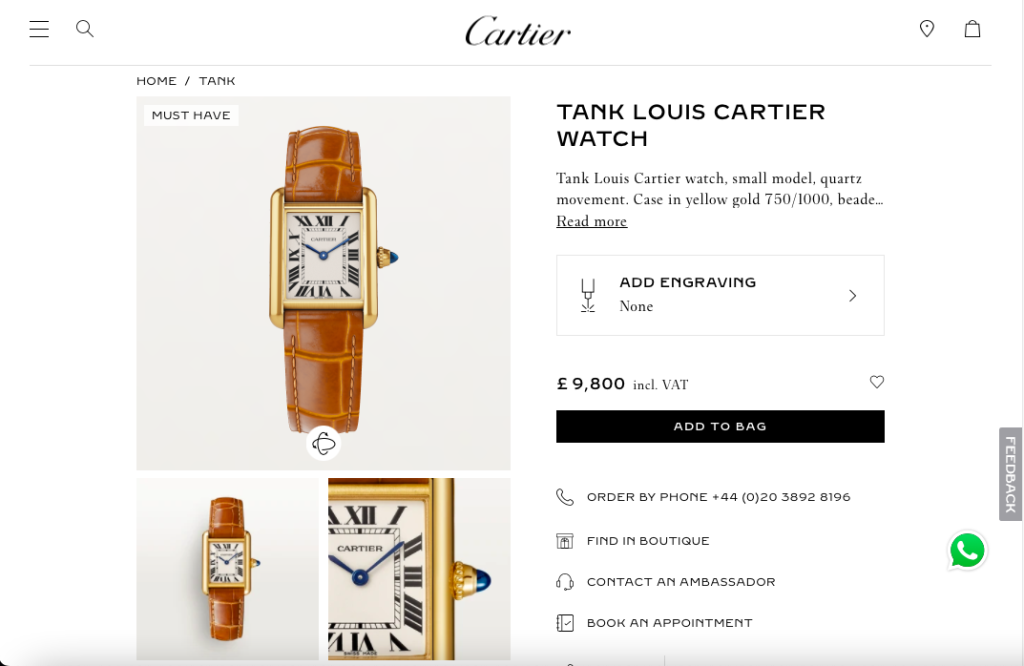 Cartier “Tank Louis Cartier Watch” product detail page (PDP) shows an option for engraving the product.