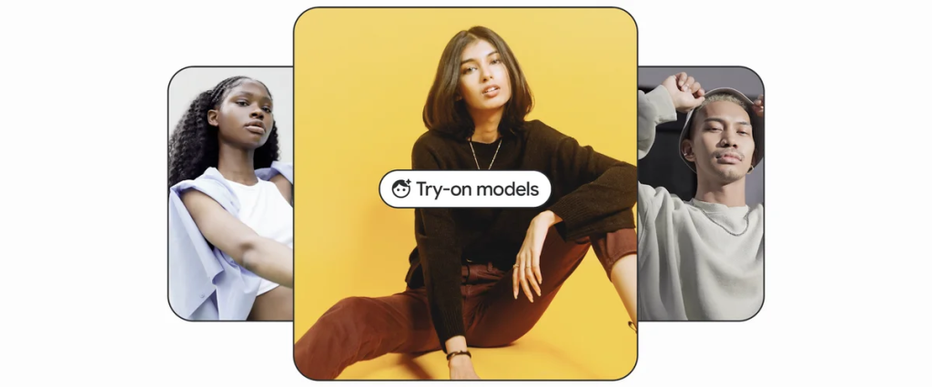 Three models are shown wearing different clothes. The images are overlaid with an icon that says “Try-on models.”