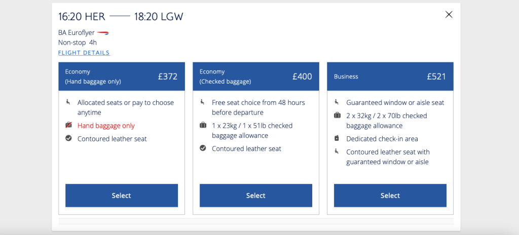 British Airways listing different ticket packages for the selected flight: Economy class with hand baggage only, economy class with checked baggage, and business class. The details of the packages and their prices are shown.