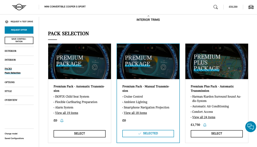 Mini Cooper’s car configuration interface lists different premium packages.