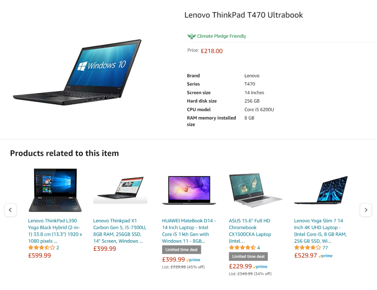 Product detail page for a laptop on Amazon. Below the product’s image and description, products related to this item are listed. Each laptop has different features and is priced higher than the original product for upselling purposes.