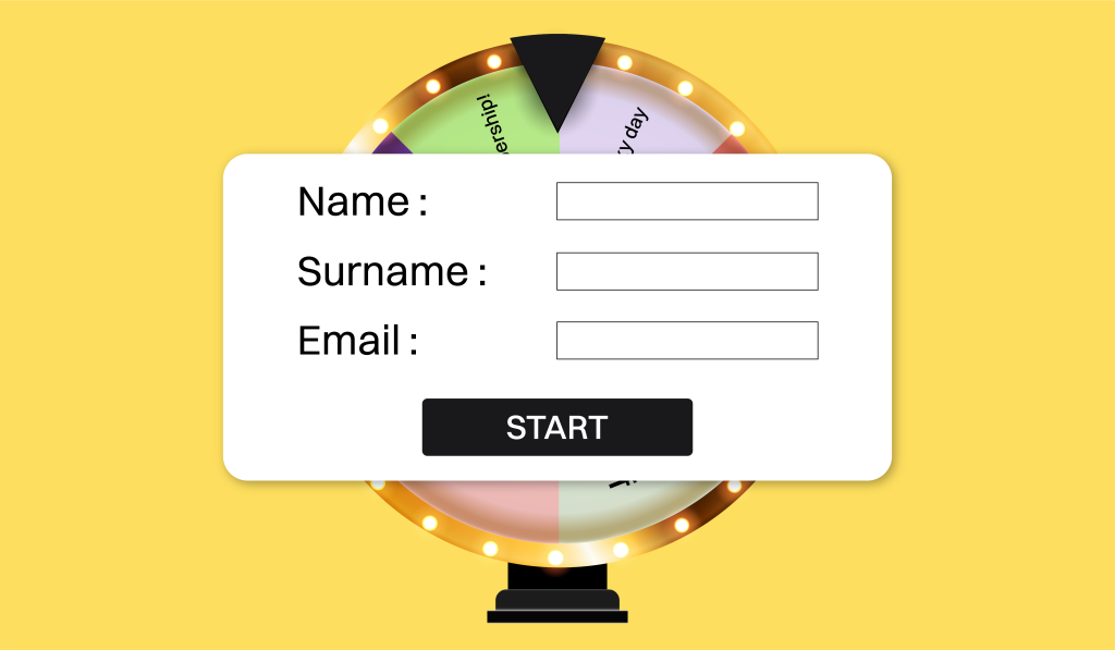 A “Spin the Wheel” game design is covered by a pop-up asking the user to enter their name and email address before they can spin the wheel.