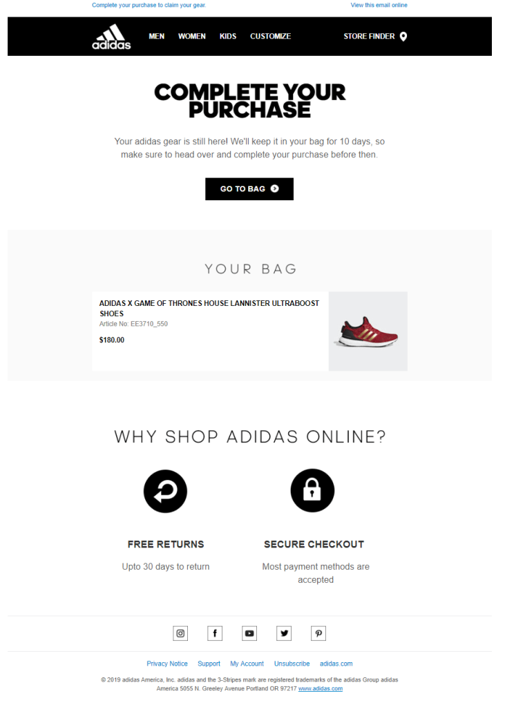 Cart abandonment email example from Adidas.