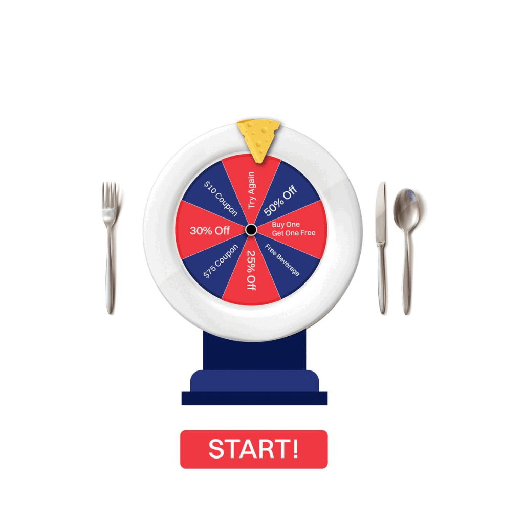 Spin the Wheel pop-up design by Segmentify for the grocery industry. The wheel is designed as a plate with table utensils sitting on its sides. The pointer that shows what prize is won when the wheel stops turning is a triangle-shaped cheese with holes in it.