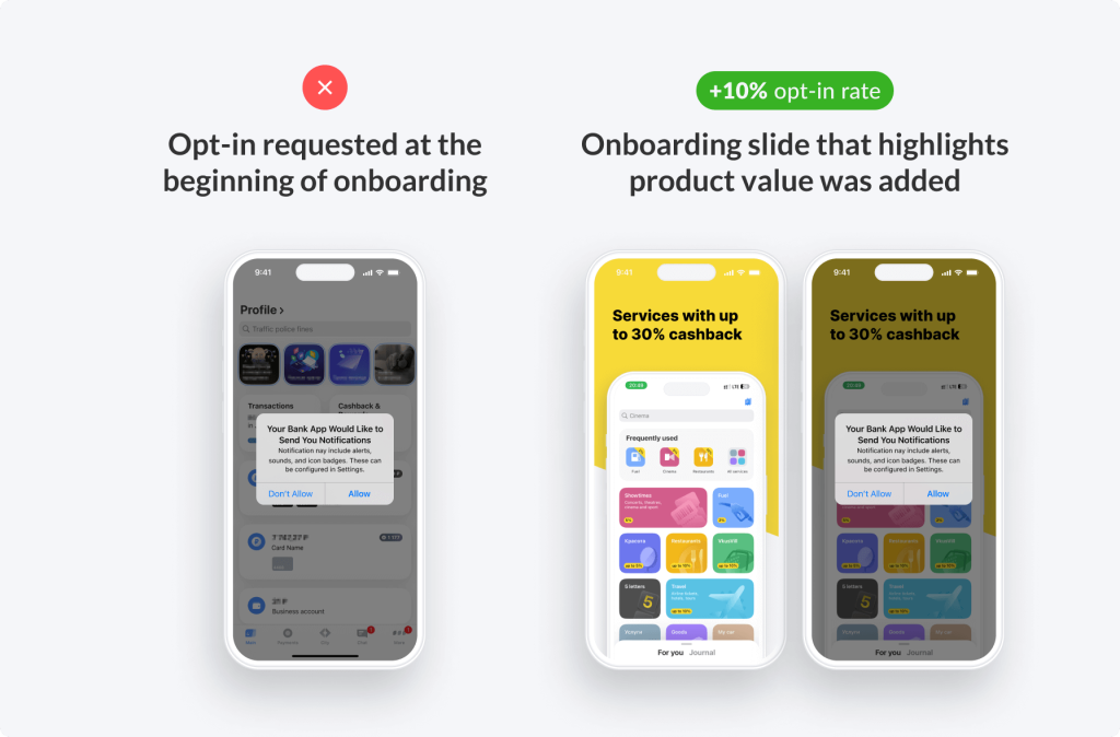 A study by ngrow shows that sending the push notification opt-in request after showing user onboarding slides highlighting the product value increases the opt-in rate by 10% compared to sending the opt-in request right at the beginning of onboarding.