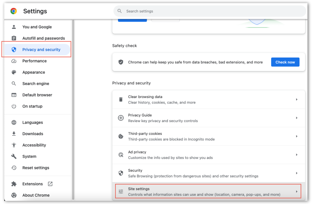 Google Chrome privacy and security settings. 