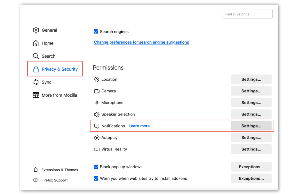 Mozilla Firefox privacy and security settings