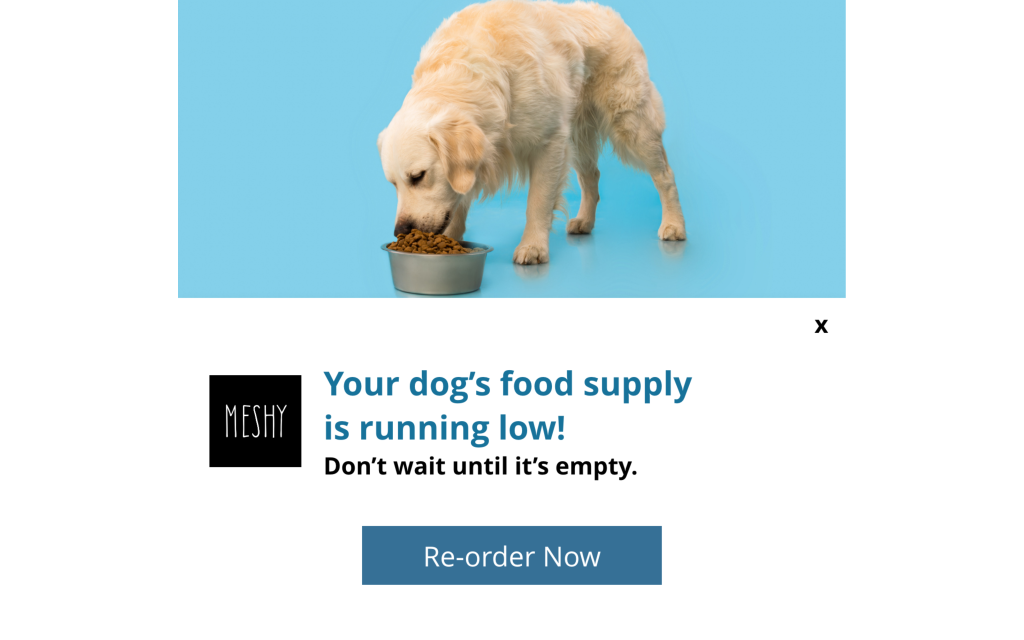 Push notification reminding to reorder your dog’s food.