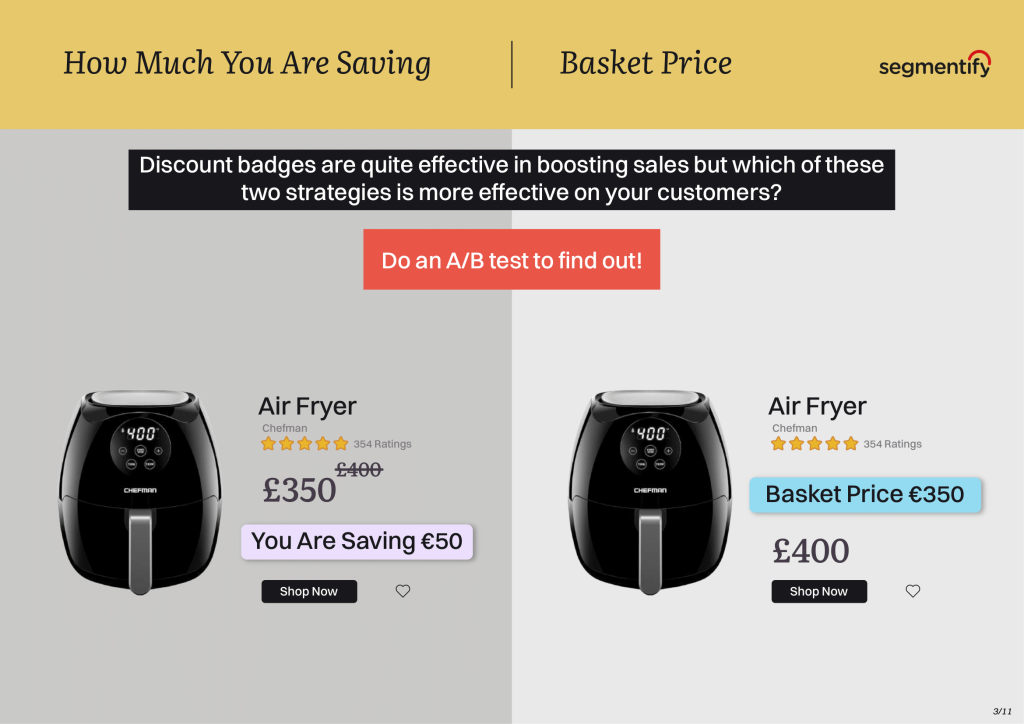 Screenshot from the Segmentify Playbook showcasing two product badge variations for discounts. One badge displays the saved amount, while the other shows the final basket price. A tip recommends A/B testing these badges to see which drives higher conversions.